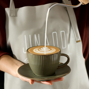 Ceramic Ribbed Coffee Cup and Saucer Set Retro <b>Vintage</b> Striped Tea <b>Mug</b> with Handle - Product Image 4