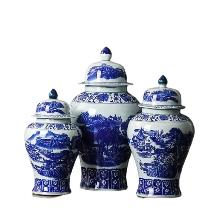 Chinese antique qing dynasty blue and white ceramic large vase handmade home decoration porcelain ginger jar