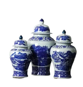 Florero de cerámica azul y blanca para decoración del hogar, jarra de jengibre de porcelana, hecho a mano