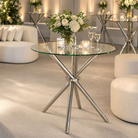 Table de mariage en acier inoxydable argenté avec plateau rond en verre, élégante, pour la décoration de boutiques, cafés et restaurants