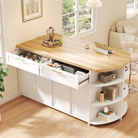 Îlot de cuisine ovale sur mesure en chêne blanc avec comptoir en MDF, armoire de rangement, tiroirs, étagères ouvertes, bar à petit-déjeuner autoportant