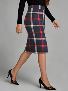 Falda lápiz elástica de poliéster a cuadros vintage de talla grande Joyinspring, cintura natural, ajustada, hasta la rodilla, para primavera - Product Image 5