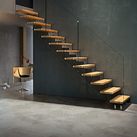 Escalier droit personnalisé en bois, lustre, escalier flottant, carreaux d'escalier