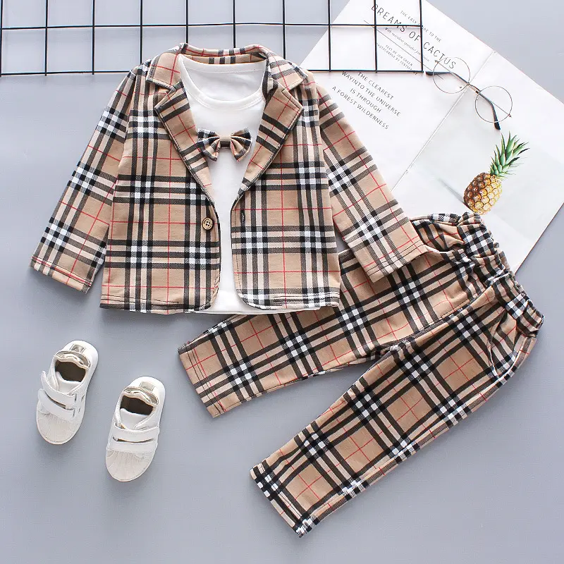 Children 3 Piece Tshirt Jacket Clothes Kids Casual Suits Blazer Men Boys School Uniform Smart Formal Clothing Suit for Wedding