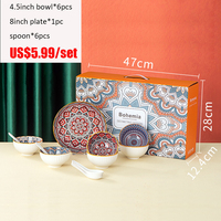 Vente en gros, stock disponible, service de table en céramique bohème de 4,5 pouces, 4 personnes, bol et assiette, vaisselle avec boîte cadeau
