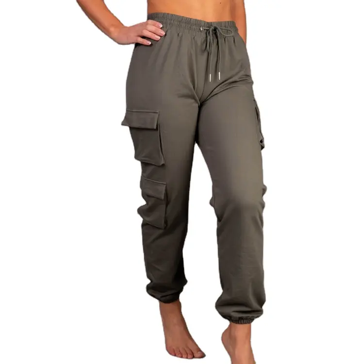 Premium Solid Nylon Spandex High Waist Soft Joggers Pockets Cargo Pants Women Trousers Sweat Pants