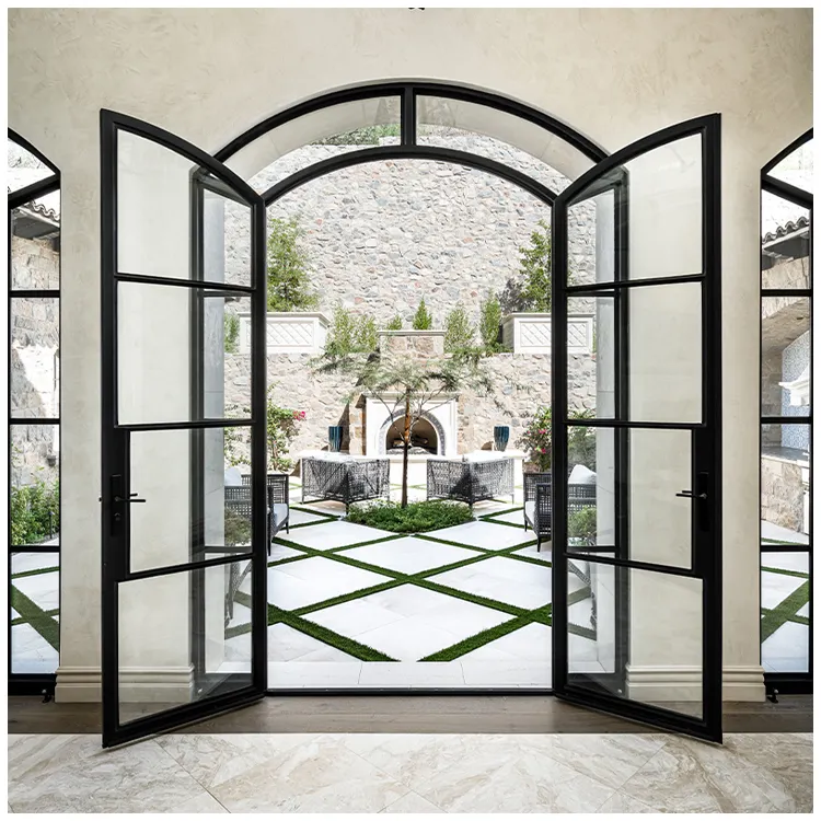French Villa lengkungan depan berbentuk eksterior baja aluminium masuk pintu utama casement pintu dengan kaca