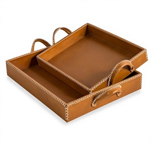 Bandeja Decorativa Rectangular de Cuero de Lujo con Asas de Metal, Diseño Tradicional para Uso en el Hogar y la Oficina - Product Image 3