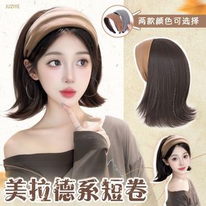 Bandeau tricoté demi-couvre-chef pour femme, perruque courte bouclée réaliste, cheveux détachables, couronne haute, style coréen automne-hiver - Product Image 4