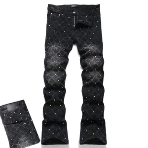 Dropshipping Men's <b>Boot</b> Cut Denim Jeans Rhinestone Slim Flared Stretch Streetwear Trousers Blue Cotton - Product Image 3