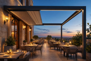 Pergola motorisée en aluminium RK-E2 pour restaurant, avec éclairage LED intégré et écran d'intimité - Product Image 4