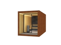 Sauna en bois en forme de cube, extérieur noir, intérieur en bois naturel, murs vitrés à vue panoramique, écologique, sûr, traditionnel