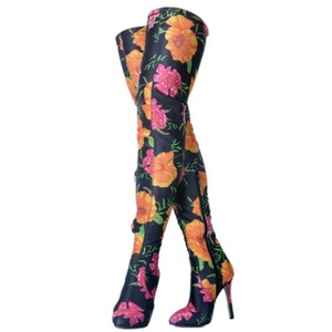 Colorful Floral Women Thigh <b>High</b> Boots Stretch Upper Pull on Ladies Over <b>Knee</b> Boots Stiletto Long Pumps Shoes Size 47 - Product Image 4