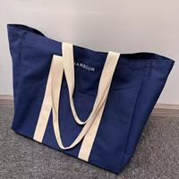 Bolsa de Compras Reutilizable Azul Ecológica Grande con Logotipo Personalizado, Cierre Interior con Cremallera, Patrón de Letras, Cuerda de Algodón