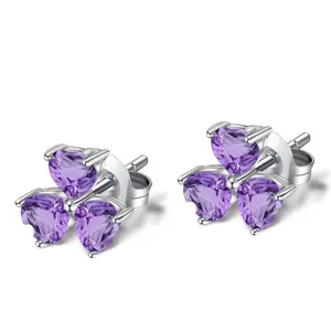 Benutzer definierte Original Design 925 Sterling Silber natürlichen Amethyst Achat Edelstein Drei Herz Ohr stecker für Frauen Mädchen