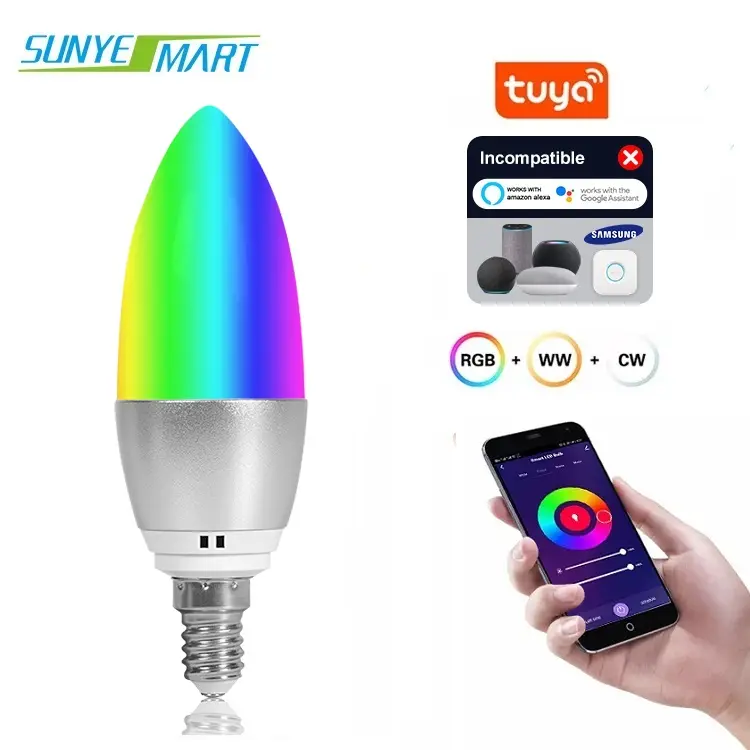 Home Decorative Tuya App Control Dimmable RGB Candle Bulb E14 5w Led Smart Candle Bulb Light
