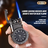Briquet à flamme double orientable avec interrupteur, style rétro en métal, chambre à gaz transparente, coupe-vent, avec montre intégrée