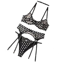 Lingerie Seksi Motif Polkadot Bahan Jersey Mesh 3Pcs Set Bra Berkawat Garter Belt Thong Hiasan Pita Transparan Menggoda Ramah Lingkungan Wanita