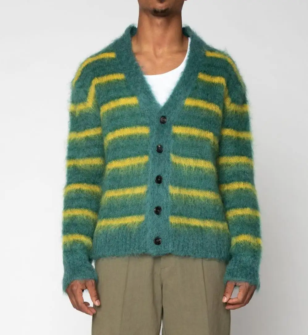 Cardigan Manufacturer Supplier Knitted Sueter De Knitwear Mohair Custom Green Striped Mohair Cardigan Sweater For Men