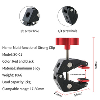 Grande pince à crabe avec alliage d'aluminium noir, trou de vis 1/4 3/8 pour bras magique, accessoires de studio photo
