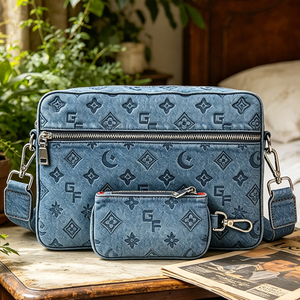Sac bandoulière de luxe en jean bleu gaufré pour <span class=keywords><strong>homme</strong></span>, ensemble messager 2 pièces tendance avec motif monogramme, parfait pour le style urbain - Product Image 1