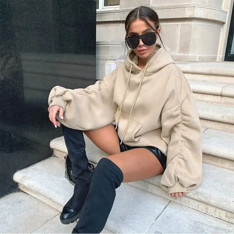 Hot Selling Autumn Solid Color Ruched Long Sleeve Women Pullover Sweatshirt Ladies Loose Blank Drawstring Hoodie With Pocket