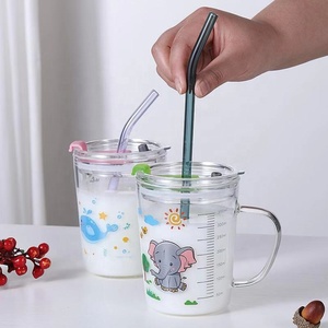 Mug à lait en <span class=keywords><strong>verre</strong></span> borosilicate avec couvercle à paille, motif animal mignon, 350 ml/16 oz, avec échelle graduée, sans BPA, fait main pour enfants - Product Image 5