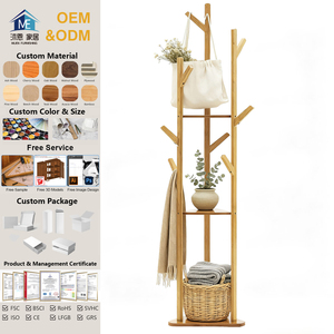 עץ במבוק 3 שכבות אחסון מתלה ווים מעיל נייד כובע כובע מטרייה לעמוד בגד בגדים מעיל כובע מטרייה לעמוד - Product Image 1