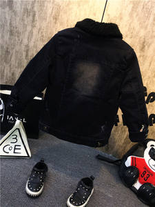 Veste en jean déchirée noire pour enfants, vêtements pour garçons, veste en jean à capuche hip hop pour l'automne et l'hiver - Product Image 3