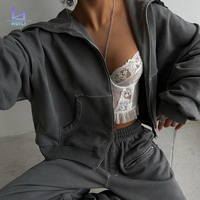 Setelan Olahraga Wanita 2 Potong Model Longgar dengan Logo Kustom, Bahan French Terry Tebal, Celana Panjang dan Hoodie Oversize Warna Pink dengan Ritsleting