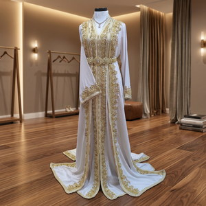 Elegant <b>White</b> Gold Embroidered Satin A-Line <b>Gown</b> Full Sleeve Maxi Scoop Neck Watteau Train Anti-Wrinkle Natural Waist Vintage - Product Image 2