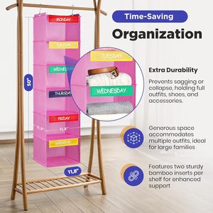 Hanging Clothes Organizer 6 <b>Shelf</b> Labeled Days Of Week Closet Storage For Kids Bedroom Non Woven Fabric <b>Hook</b> Type - Product Image 2