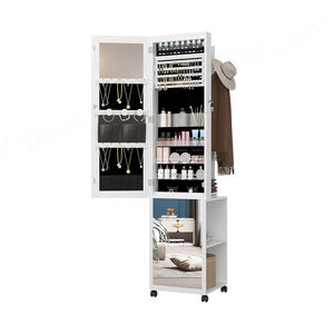 Modern <b>Full</b>-<b>Length</b> Wooden Jewelry Armoire with 4 Wheels Lockable Living Room Cabinet for Home Furniture for <b>Bedroom</b> Use - Product Image 1