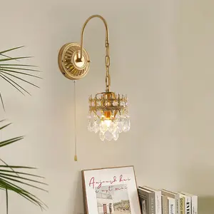 European Living Room Restaurant Pull Rope Switch Wall Lamp Villa Foyer Bedroom Bedside Wall Sconces French Crystal Wall Lights