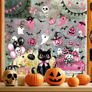 Pegatinas de Halloween Rosa Pastel al por Mayor, Lindas Pegatinas de Gato Negro, Fantasma, Calabaza y Murciélago para Decoración de Ventanas y Paredes, Decoración para Fiesta de Halloween - Product Image 5