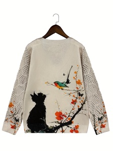 Suéter Casual de Mujer con Estampado de Gatos, Flores y Pájaros al Estilo Chino, Cuello en V, Manga Larga, Estilo Bohemio, Tejido - Product Image 2