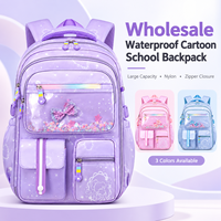 Sac à dos scolaire en nylon imperméable antivol à fermeture éclair motif dessin animé pour filles, avec ceinture d'air rembourrée, grande capacité 20-36L, vente en gros