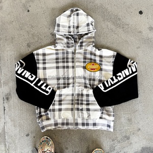 Fabricant de sweats à capuche zippés surdimensionnés en coton épais 100 % pour hommes, coupe et couture personnalisées, style boîte, à carreaux, courts, OEM - Product Image 1