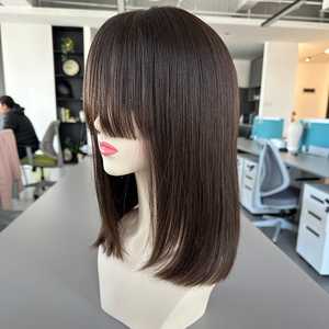 Parrucche Bob in Capelli Umani Vergini Naturali Marroni Non Trattati di Alta Qualità <span class=keywords><strong>con</strong></span> Cuticole Allineate, <span class=keywords><strong>Top</strong></span> in Seta da 12 Pollici <span class=keywords><strong>con</strong></span> Frangia - Product Image 2