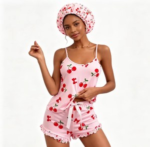 Novo Conjunto de Pijamas Sexy Estilo Europeu e Americano com Estampa de Cereja, Camisola e Chapéu, Conjunto de Três Peças - Product Image 3