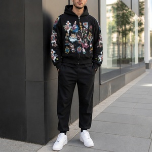 Sweat à capuche zippé noir pour homme, imprimé style <span class=keywords><strong>tatouage</strong></span> Cœur Sacré Croix, coupe courte et carrée, en molleton 100% coton, streetwear d'hiver vintage - Product Image 1
