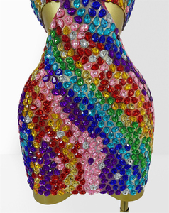 Abito Mini Halter Multicolore con Strass 2026 Chic, Sexy Scollatura a V Profonda, Cut-Out, Aderente, Elegante Abito da Sera <span class=keywords><strong>Arcobaleno</strong></span> per <span class=keywords><strong>Donna</strong></span> - Product Image 6
