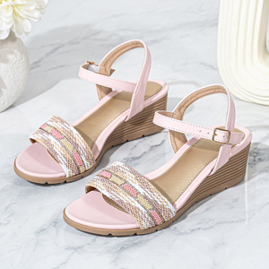 Sandalias de cuña a rayas para mujer, de cuero genuino, con punta abierta, plataforma y cierre de hebilla, transpirables, para verano, al por mayor - Product Image 3