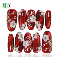 Ongles press-on 3D floraux en gel effet œil de chat faits à la main, de haute qualité, rouge bordeaux, vente en gros, design élégant, forme ovale