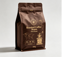 Sac à café à fond plat avec logo personnalisé, valve et fermeture éclair, impression numérique haute qualité, marque KMJbag pour l'emballage de grains de café torréfiés et moulu