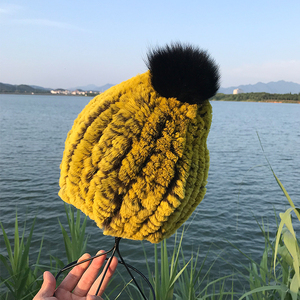 Chapeau tricoté pour <span class=keywords><strong>femme</strong></span> automne-hiver 2021 avec pompons en vraie <span class=keywords><strong>fourrure</strong></span> de lapin Rex et de renard, élastique robuste, vente en gros, idéal pour les fêtes - Product Image 5