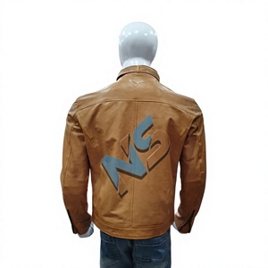 Veste de moto en cuir véritable pour homme avec col montant, fermeture éclair sur le devant, coupe classique, couleur unie - Product Image 2