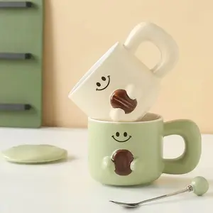 Creative coffee bean cute emoji mug with lid spoon Japanese relief ceramic cup