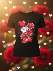 T-shirt da donna per San Valentino, girocollo, manica corta, stampa rosa amore, taglie forti, casual, 100% cotone jersey, primavera estate - Product Image 2