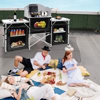 Table de cuisine de camping Portable pliante multifonctionnelle en plein air avec pare-vent et 3 armoires de rangement pour les pique-niques de barbecue